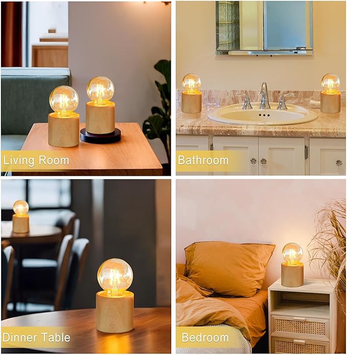 JHY DESIGN Set of 4 Wood Grain Table Lamp 6.5" Tall Cordless Lamp Light with Edison Style Bulb and 6 Hours Timer Battery Operated Lamp Great for Living Room Weddings Parties Patio Indoors Outdoors