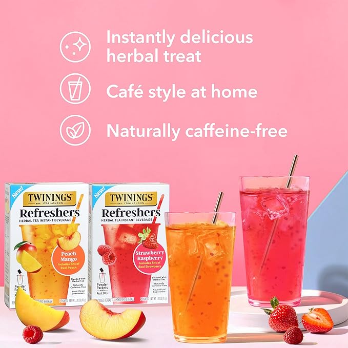NEW Twinings Peach Mango Refreshers, Herbal Tea Instant Beverage with Real Peach Fruit Bits, 5 Count (Pack of 1), Café Style, No Artificial Sweeteners, Naturally Caffeine-Free Refreshment, 5 Packets - Bloomnest