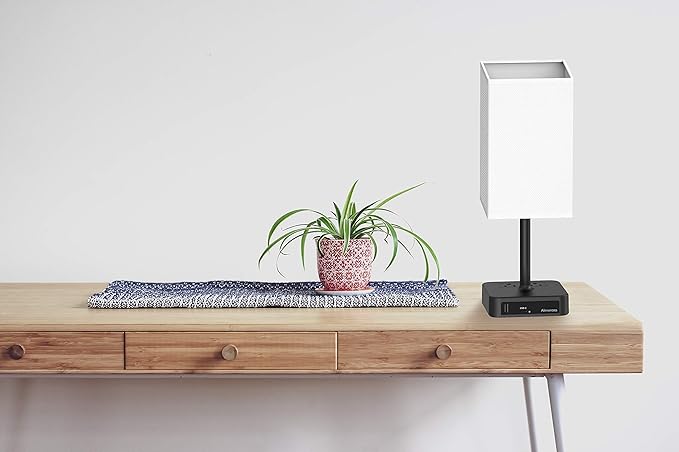 Bedside Table Lamp with Touch Control & USB C+A Charging Ports LED Desk Lamp with 2 AC Outlets, Minimalist Nightstand Light with Black Fabric Shade for Bedroom, Living Room, Office, White - Bloomnest