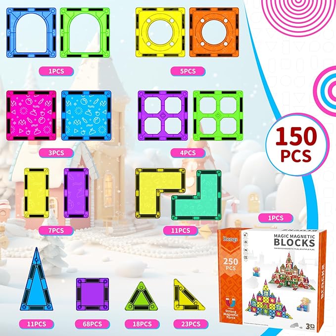 250 PCS 3D STEM Educational Magnetic Tiles for Kids Magnetic Blocks for Kids Magnetic Building Blocks Set - Bloomnest