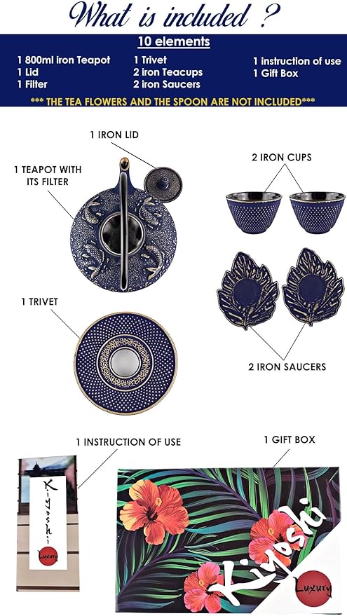 7PC Japanese Tea Set."Midnight Blue Koi" Cast Iron Tea Pot with 2 Tea Cups, 2 Saucers, Tea Infuser and Teapot Trivet. Ceremonial Matcha Accessories