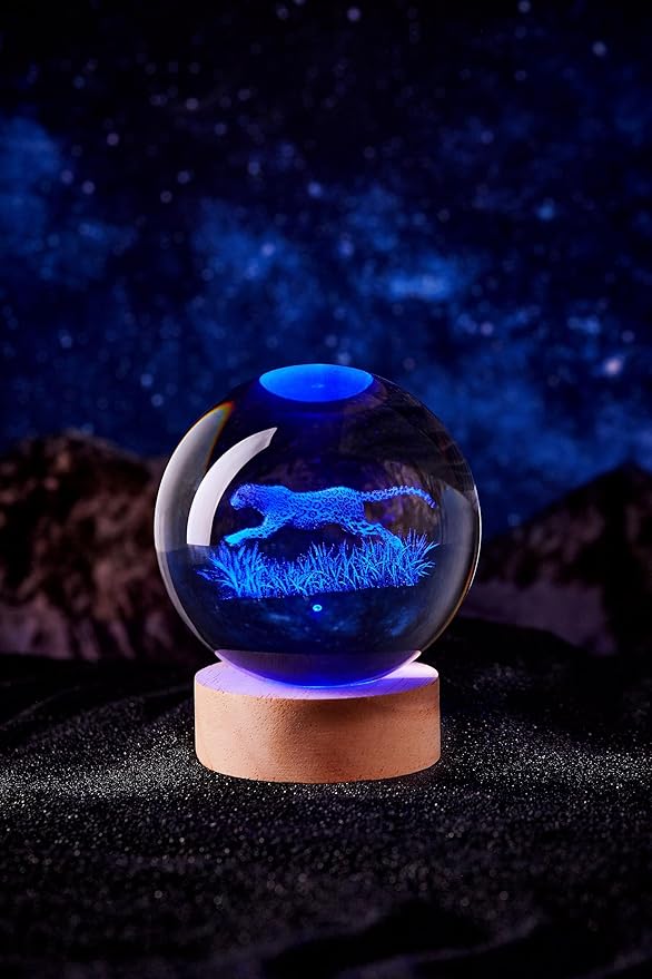 3D Large Leopard Crystal Ball Night Light with Wooden Base, Cheetah Crystal Lamp Gift for Kids Wife Friends, 16 Color Changing with Remote Control, Laser Engraved 3.15 inch Glass Ball Lamp (Leopard) - Bloomnest