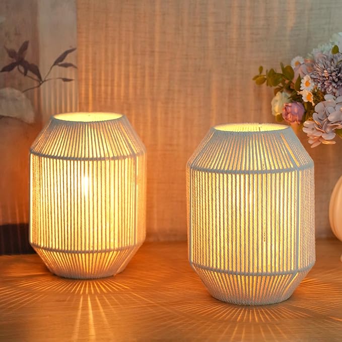 JHY DESIGN Set of 2 Woven Lampshade Table Lamps 8.5" H Cotton Rope Bedside Lights Cordless Decorative Battery Operated Lamps with 6 Hours Timer for Bedroom Living Room Weddings Parties Patio - Bloomnest