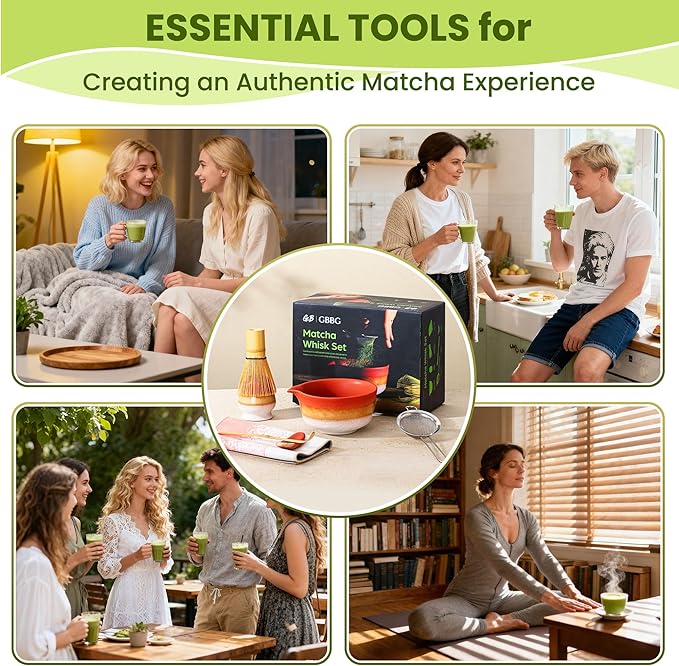 Matcha Whisk Set, Ceramic Matcha Set Desert Series, Matcha Bowl, Matcha Whisk and Holder, Bamboo Scoop, Scoop Rest, Sifter and Tea Towel 7 Pcs Matcha Kit for Birthday Christmas Gift (Matte Soil) - Bloomnest