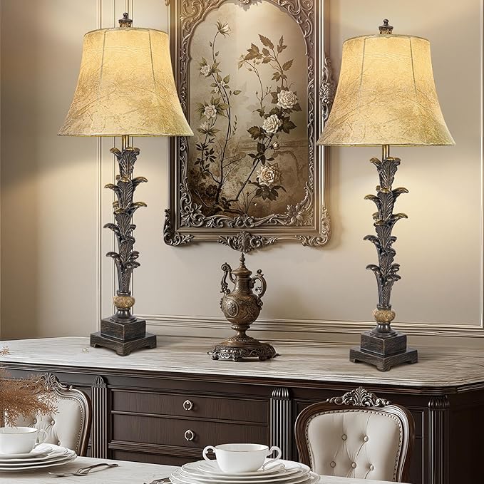 Table Lamps Set of 2 for Living Room, 33'' Tall Bedside Table Lamps with 3 Way Dimmable Bulbs, Farmhouse Buffet Lamps with Laux Leather Shades, Vintage Brown Desk Lamps for Nightstand Bedroom Office - Bloomnest