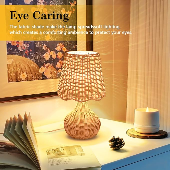 Rattan Small Bedside Table Lamp for Bedroom, Boho Mini Table Lamps for Nightstand, Farmhouse Small Table Lamps for Small Spaces for Kitchen Counter, Bookshelf, Bedroom, Kids Dorm - Bloomnest