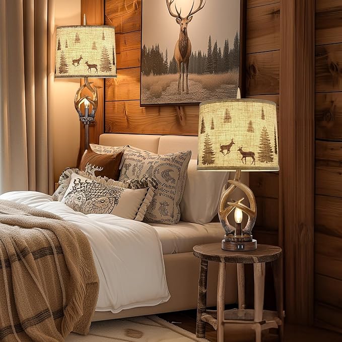 Scenekoy Rustic Farmhouse Antlers Table Lamp Set of 2 with Nightlight Dual USB Ports Linen Fabric Round Shade Bedside Lamp Decor for Living Room Bedroom Office House - Bloomnest