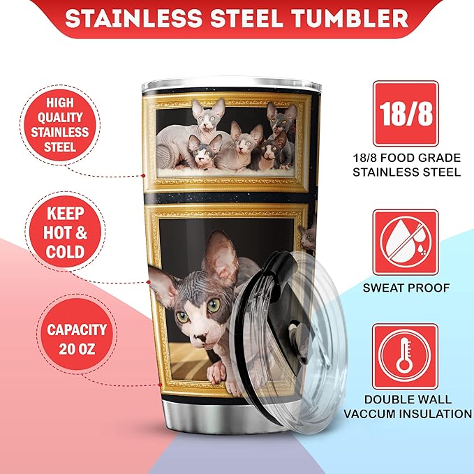 Sphynx Cat Tumblers For Cat Lovers Insulated Travel Cup With Lid 20 Oz Cute Pet Animal Lover Gifts For Teen Girl Stainless Steel Coffee Mug With Cats On It Birthday Xmas Gift - Bloomnest