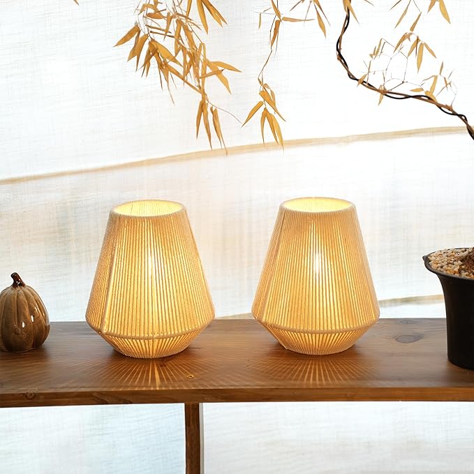 JHY DESIGN Set of 2 Woven Lampshade Table Lamps 8" H Cotton Rope Bedside Lights Cordless Decorative Battery Operated Lamps with 6 Hours Timer for Bedroom Living Room Home Parties Patio Events - Bloomnest