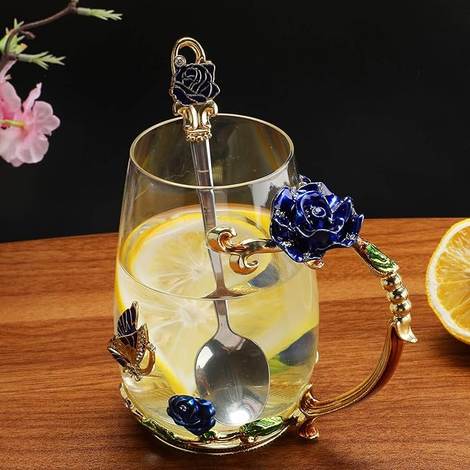 Luka Tech Enamels Butterfly flower Lead-free Glass Coffee Mugs Tea Cup with Steel Spoon, personalised Gifts For Women Wife Mom Friends Birthday Mothers Valentines Day Wedding (Blue-Tall) - Bloomnest