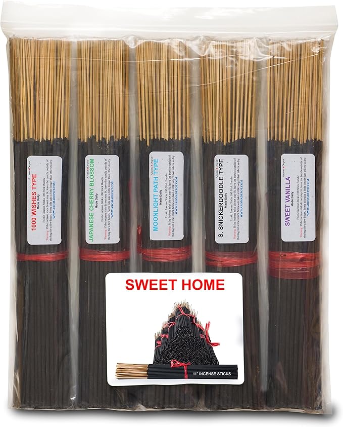 Aroma Depot Sweet Home 11'' Incense Sticks - Variety Set 500 Pack - 11 inch - 5 Bundles 100 Sticks Per Scent. Features Wishes Type, Japanese Cherry B., Moonlight Type, S. Snickerdoodle, Sweet Vanilla