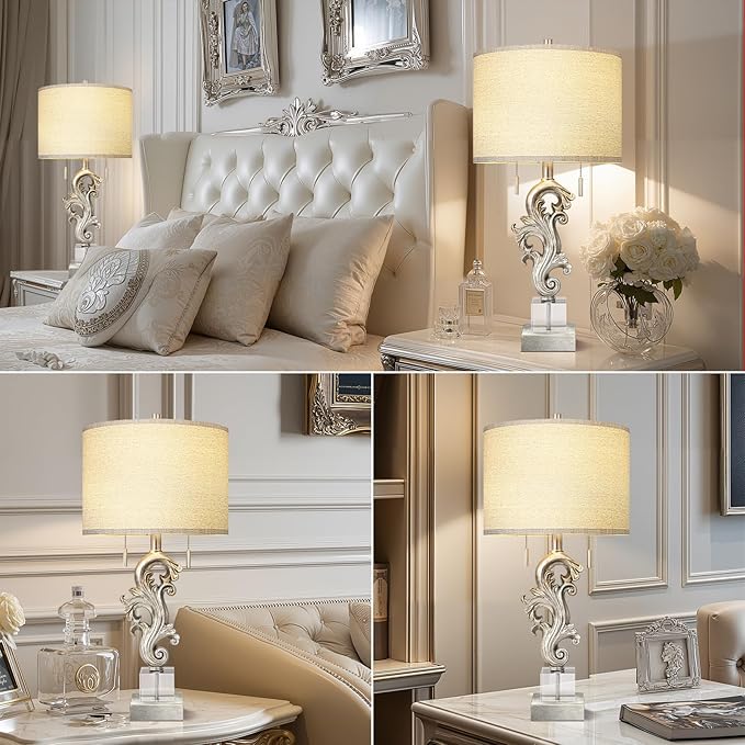 Scenekoy Vintage Table Lamp Set of 2 for Bedroom Living Room, 26.75” Silver Leaf Sculptural Night Stand Bedside Lamps with USB Ports, Rustic Nightstand Lamp Line Shade for Home Decor (Bulbs Included) - Bloomnest