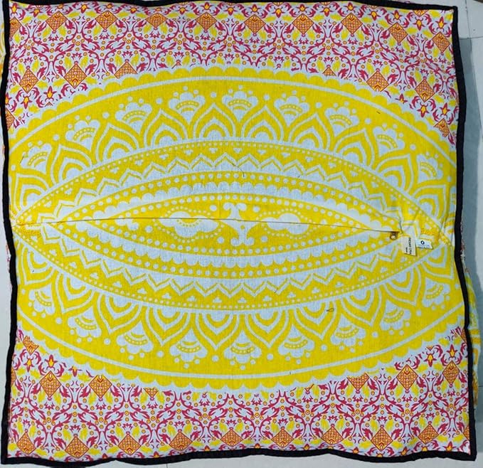 INDIAN CRAFT CASTLE 24" Yellow Ombre Mandala Barmeri Large Floor Pillow Cover Cushion Meditation Seating Ottoman Throw Cover Hippie Decorative Zipped Bohemian Pouf Ottoman Pom Pom Cases 24" Square - Bloomnest
