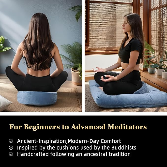 Meditation Zafu Cushion Set with Buckwheat Hulls & Memory Foam - Ergonomic Support for Yoga & Sitting - Removable Machine-Washable Luxury Velvet Cover - for Adults and Kids (Blue) - Bloomnest