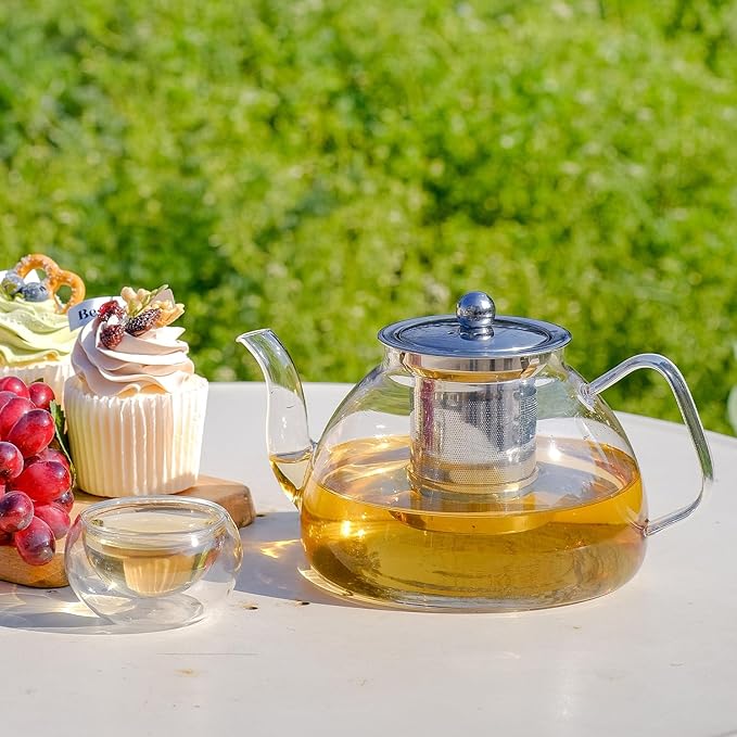 1200ml/40 oz Glass Teapot with 4 Double Wall Teacups and Removable Stainless Steel Infuser, Tea Sets for Adults, Clear Tea Kettle Stovetop Safe for Loose Leaf and Blooming Tea, Tea Maker Gift - Bloomnest