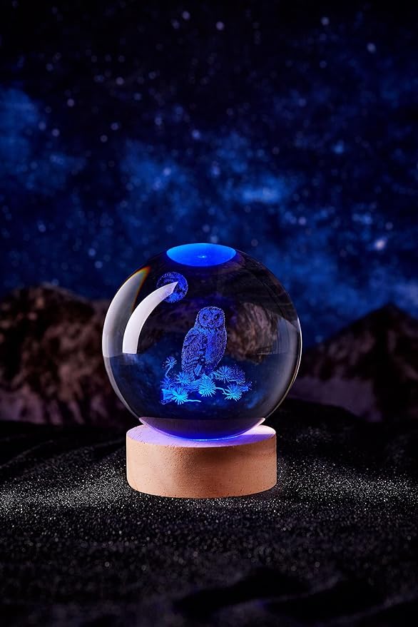 3D Large Owl Crystal Ball Night Light with Wooden Base, Owls Crystal Lamp Gift for Kids Wife Friends, 16 Color Changing with Remote Control, Laser Engraved 3.15 inch Glass Ball Lamp (Owl) - Bloomnest