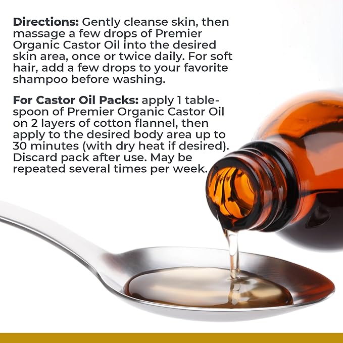 Premier Research Labs Organic Castor Oil for Face - Cold Pressed 100% Pure Castor Oil for Hair Growth, Skin & Body, Hexane Free - 8 Oz Bottle - Bloomnest