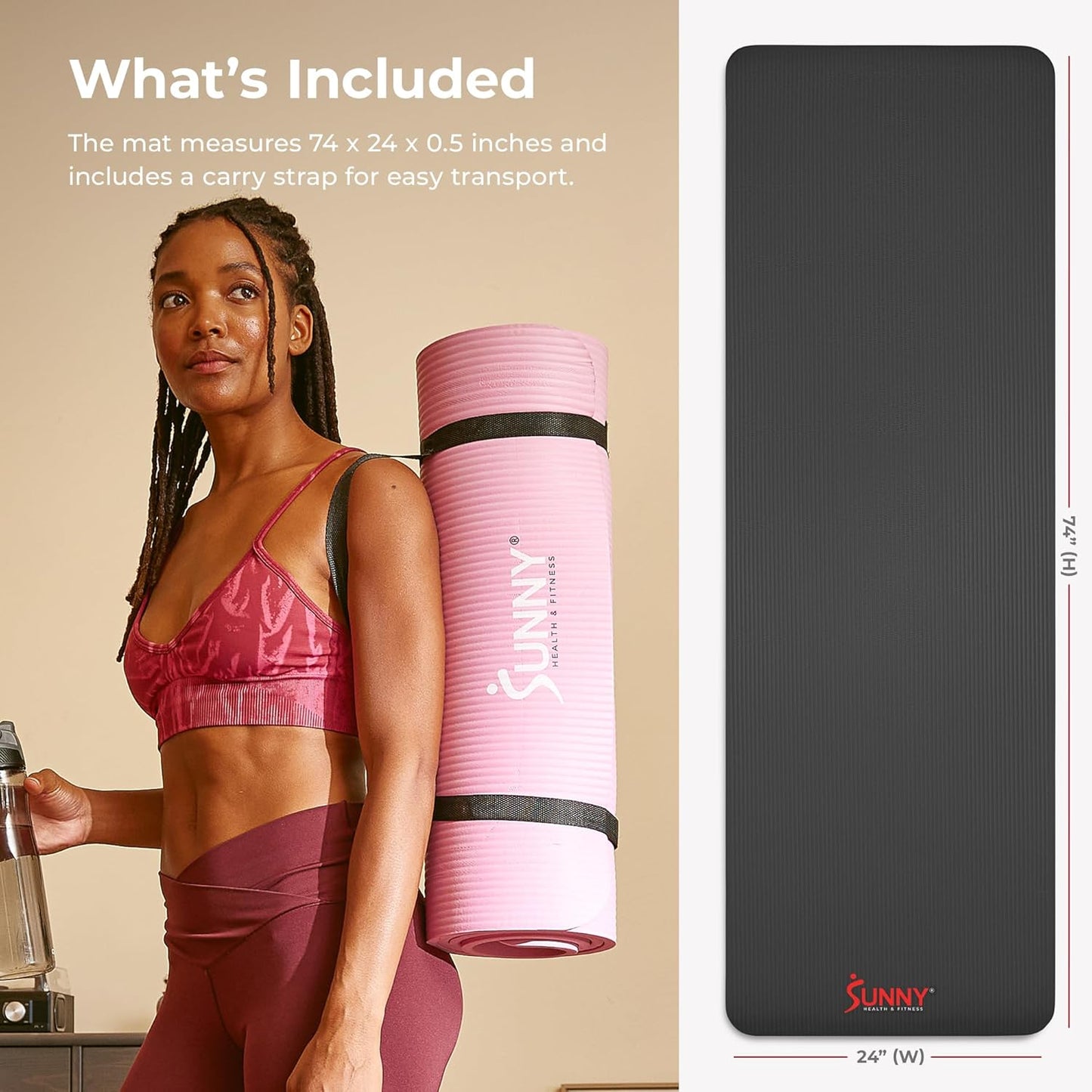 Sunny Health & Fitness Non-Slip Yoga Mat – Durable, Anti-Tear, Lightweight, Cushioned Support for Yoga, Pilates, Stretching Exercises, Meditation and Floor Workouts | Multiple Sizes & Colors