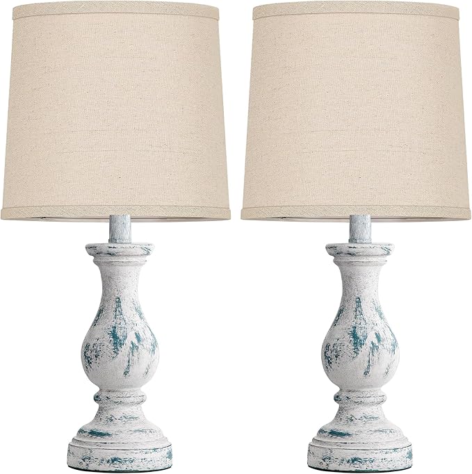 Seealle Farmhouse Table Lamps Set of 2 - Rustic Lamp for Bedroom Living Room, 22" Boho Bedside Lamps for Night Stands End Table Office Desk Lamp Nightstand Clearance with Linen Shades(Washed Blue) - Bloomnest