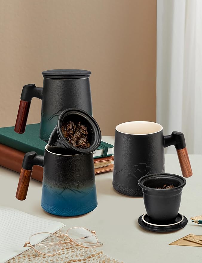 suyika Tea Cup with Infuser and Lid, 15.2 Ounce Wood Handle Ceramic Loose Leaf Mug Gradient Black 450ml