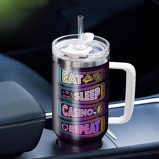 WAZONE Personalized Casino Tumblers Custom Name Travel Cup Insulated 40oz Tumbler with Handle and Straw Stainless Steel Sayings Double Wall Vacuum Mug Christmas Birthday Funny Gifts For Men - Bloomnest