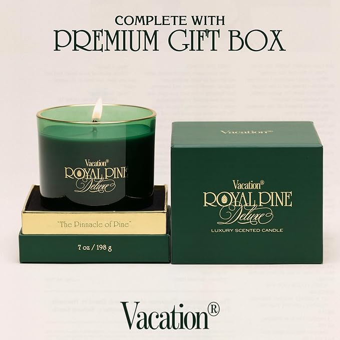 Royal Pine Deluxe Pine-Scented Candle by Vacation Sunscreen, Premium Soy-Blend Wax, 70-Hour Long Burning, Winter House Decor, Gift for Women & Men, 7 Oz. - Bloomnest