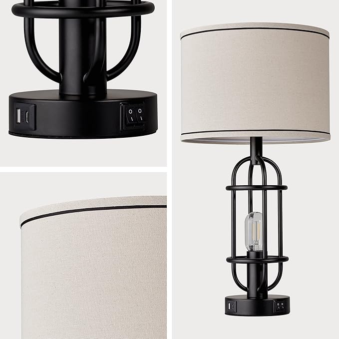 Black Table Lamps for Living Room Set of 2, 22.3" Farmhouse Lamps for Nightstand, Industrial Table Lamps for Bedroom with USB Ports, Bulbs Included - Bloomnest