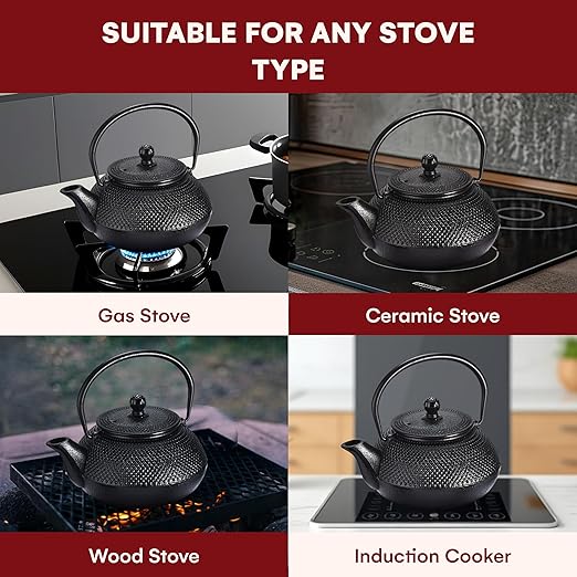 Kitchtic Japanese Coated Cast Iron Teapot Set of 4 - Kettle with Stainless Steel Infuser - Durable Heat Retention Tea Infusers - Japanese Style Kettles Teapots Tea for Home - for Green Tea, Loose Leaf - Bloomnest
