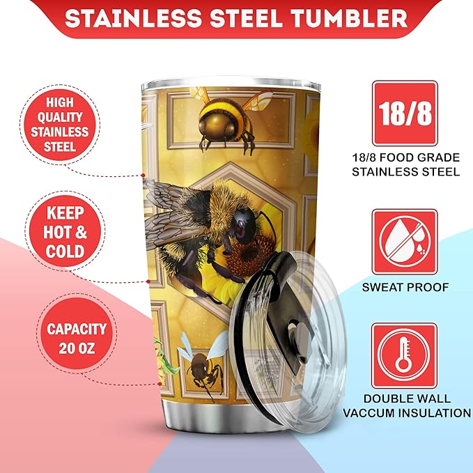 Bee Tumbler With Lid 20oz Stainless Steel Travel Cups Insect Animal Print Christmas Birthday Present For Girls Yellow Bee Themed Items Insulated Double Walled Coffee Mugs - Bloomnest