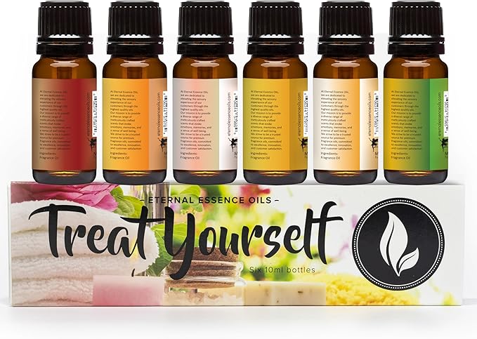 Eternal Essence Oils Treat Yourself Set of 6 Premium Fragrance Oils - Includes Peach Citrus, Strawberry Champange, Spiced Coconut Milk, Basil Nectarine, Red Currant Cream, & Honey & Shea - 10ML - Bloomnest