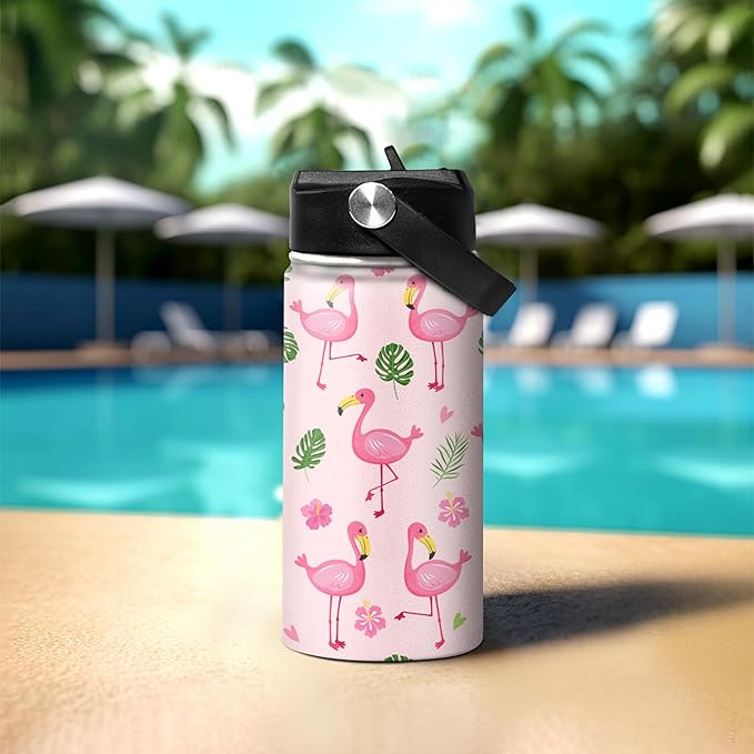 SANDJEST Kids Water Bottle Flamingo Water Bottles 12oz with Straw Insulated Stainless Steel Travel School Tumbler Double Wall Vacuum Cup for Girls Kid - Bloomnest