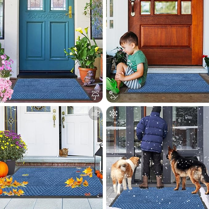 Smiry Front Door Mat Outside Entrance, Heavy Duty Sturdy Natural Rubber Doormat, Trap Dirt and Moisture, Easy Clean Low Profile Mats for Indoor Outdoor Entry, Irregular Triangle (36x24, Blue) - Bloomnest