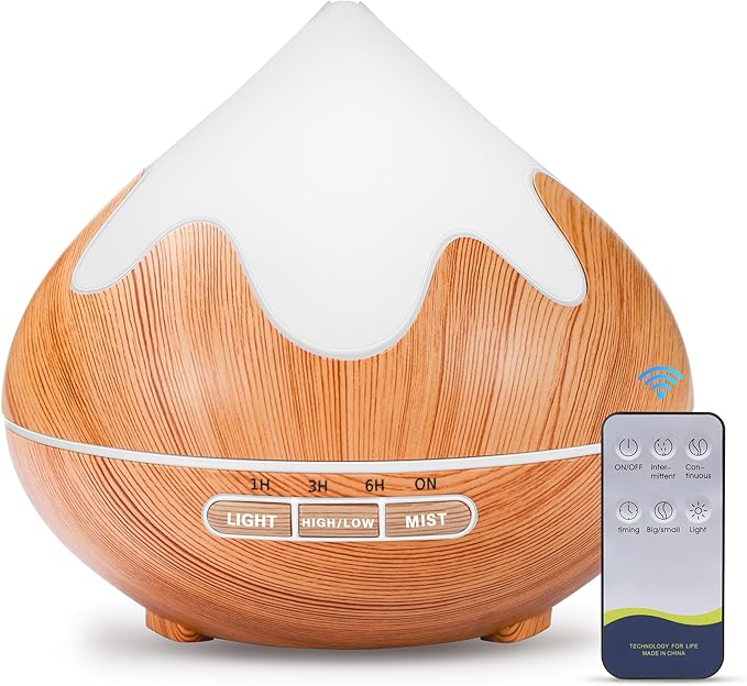 500ML Essential Oil Diffuser, Aromatherapy Diffuser with Remote Control, Multifunctional Air Diffusers for Home Office Room, Fragrance Aroma Diffuser with 7 Color LED & 2 Mist Mode, Light Brown - Bloomnest