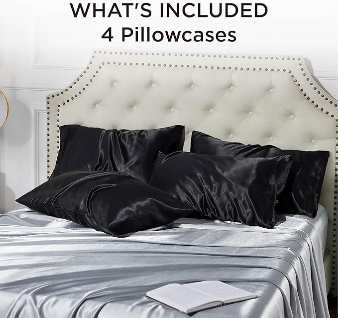 Bedsure Satin Pillowcase for Hair and Skin Queen - Black Silky Pillowcase 4 Pack 20x30 Inches with Envelope Closure, Similar to Silk Pillow Cases, Gifts for Women Men - Bloomnest