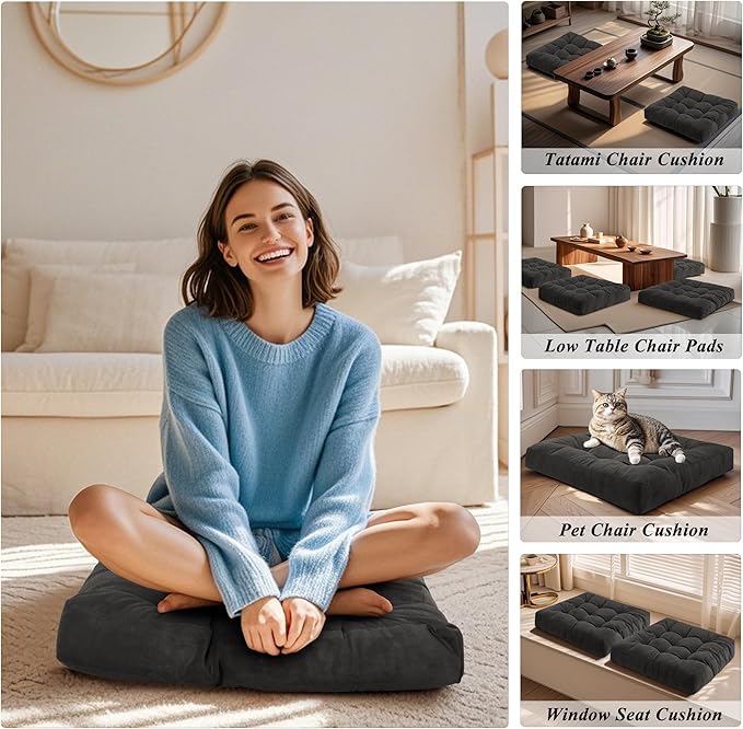 Meditation Floor Pillow 22×22 Inch 1 Pack Large Floor Cushions for Adults Square Tufted Corduroy Floor Pillows for Yoga Living Tatami Room Dark Grey - Bloomnest