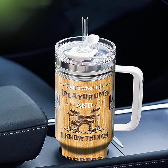 WAZONE Personalized Drummer Nutrition Facts Tumbler 40oz with Handle and Straw Custom Name I Play Drums And I Know Things Funny Saying Music Travel Mug Cool Gifts For Drummers Enthusiast Men - Bloomnest