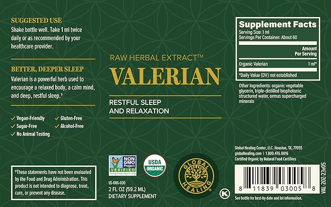 Global Healing Organic Valerian Root Extract Liquid Supplement - Raw Herbal Extract for Healthy Relaxation, Sleep & Calm -Alternative to Valerian Root Capsules for Bioavailability - 2 Fl Oz - Bloomnest