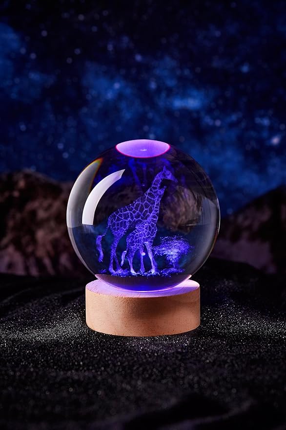 3D Large Giraffe Crystal Ball Night Light with Wooden Base, Giraffes Crystal Lamp Gift for Kids Wife Friends, 16 Color Changing with Remote Control, Laser Engraved 3.15 inch Glass Ball Lamp (Giraffe) - Bloomnest