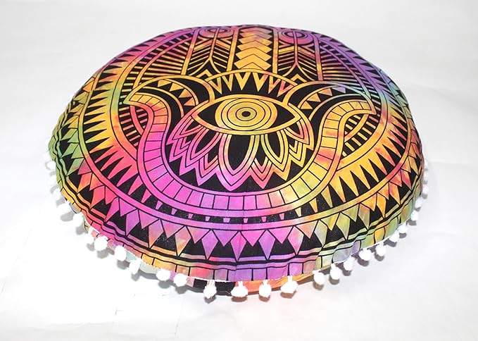 CRAFT KALA Large Round Bohemian Floor Pillow Pouf Cover Mandala Meditation Room Pillow Cover for Adults Boho Seating Poufs Cushion Cover for Kids Playroom Multi Hamsa 32" Round - Bloomnest