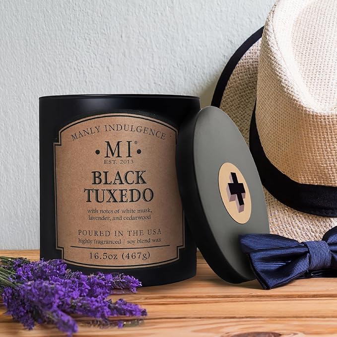 Manly Indulgence Black Tuxedo Candles for Men, 2 Wick, 16.5 oz, Premium Soy Blend Wax, 60H Burn, Candles for Home Scented - Made in The USA - Bloomnest