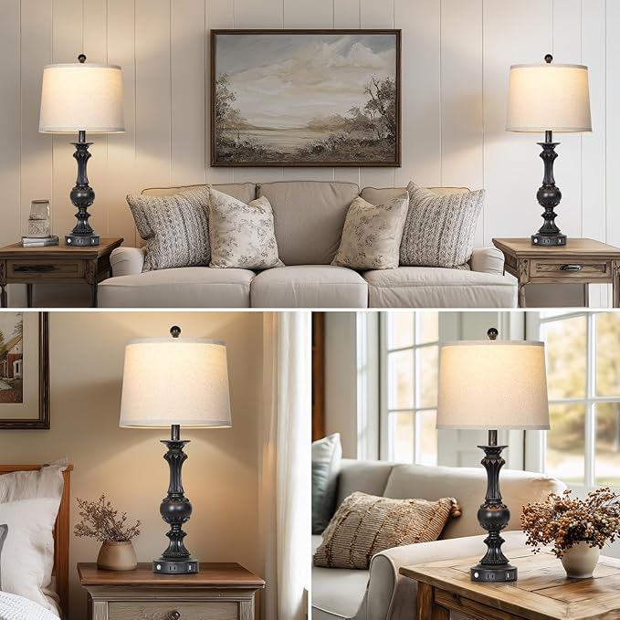 28" Black Farmhouse Table Lamps Set of 2, Rustic Lamps for Living Room with USB C+A Ports & AC Outlet, 3 Way Touch Control Bedroom Lamp, Retro Tall Bedside Lamp for Nightstand Side Table - Bloomnest