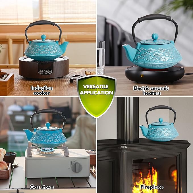 Cast Iron Teapot, Japanese Tea Pot with Infuser for Loose Leaf, Tea Kettle Stovetop Safe Coated with Enameled Interior, Clouds Pattern 27oz, 800ml Sky-Blue - Bloomnest