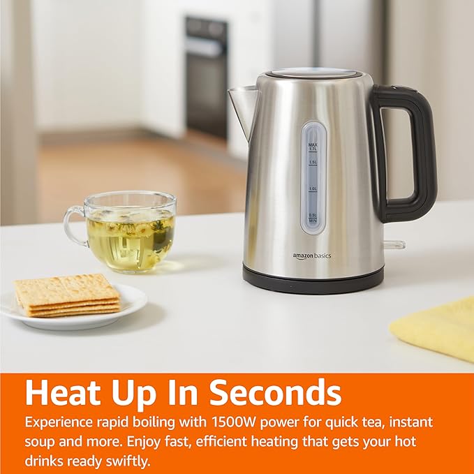 Amazon Basics Electric Stainless Steel Kettle for Tea and Coffee, BPA-Free, Fast Boiling, Auto Shut-Off, 1.8 Quarts, 1500W, Black and Silver - Bloomnest