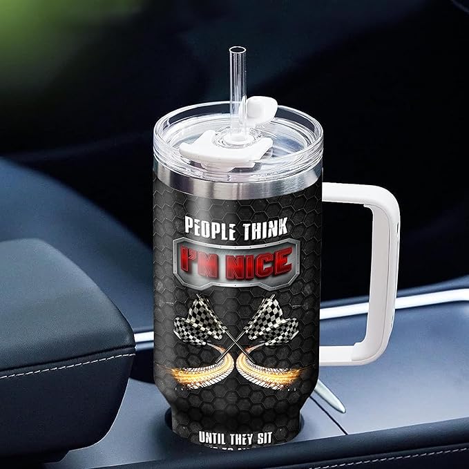 WAZONE Personalized Dirt Track Racing Tumbler 40oz with Handle and Straw Custom Name Motorcycle American Flag Patriotic Travel Coffee Mug Novelty Motor Racer Gift for Motorsport Lovers Men - Bloomnest