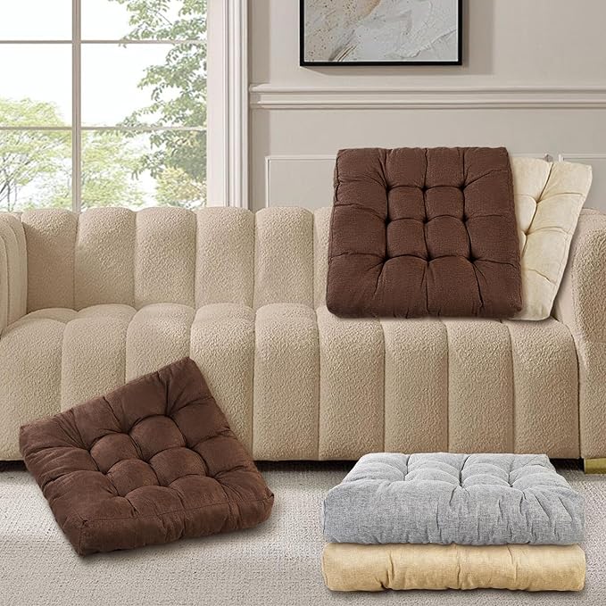 Meditation Floor Cushions Set of 2, Thickened Floor Pillow for Adults, Large Square Pillows Seat Cushion for Tatami Living Room Yoga, Memory Sponge Block Added, 22x22 Inch, Brown