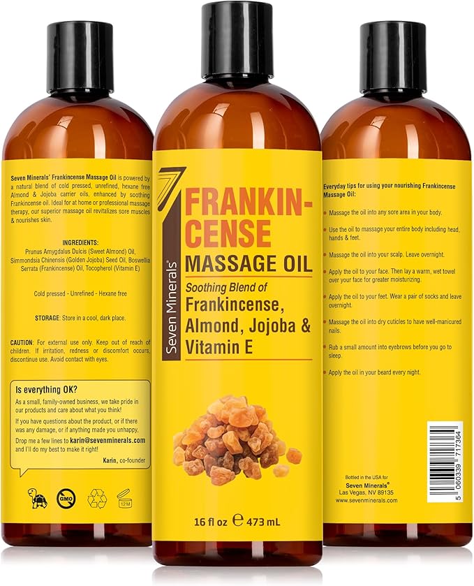 Seven Minerals Frankincense Massage Oil for Massage Therapy - Big 16 oz - Ideal for Professional or at-Home Body Massage. Soothing Natural Blend of Almond, Jojoba & Vitamin E