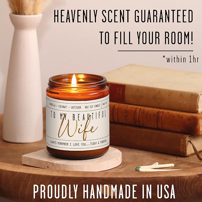 Wedding Anniversary Gifts for Wife, Wife Gifts - "To My Beautiful Wife" Soy Candle, w/Vanilla, Coconut & Vetiver I Gift for Wife from Husband I Anniversary Gifts for Women I 50Hr Burn, Made in USA - Bloomnest