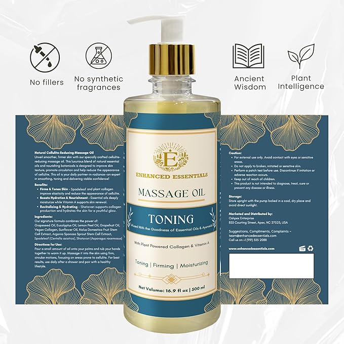 Luxurious Toning Body Massage Oil with Ayurvedic Extracts, Vitamin A & Vegan Collagen | Firms, Nourishes & Uplifts Skin | Fast-Absorbing, Non-Greasy | No Artificial Fragrance| 500ml (16.9 fl oz) - Bloomnest