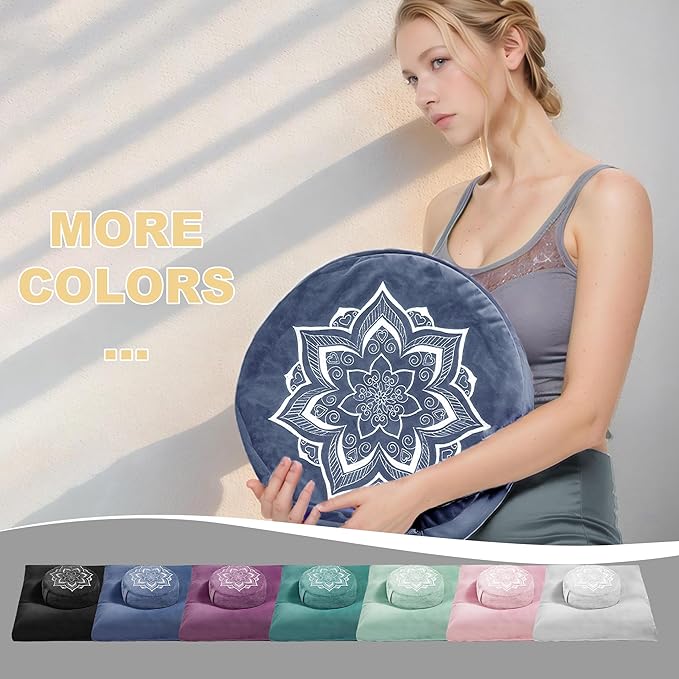 Meditation Zafu Cushion Set with Buckwheat Hulls & Memory Foam - Ergonomic Support for Yoga & Sitting - Removable Machine-Washable Luxury Velvet Cover - for Adults and Kids (Blue(COVER ONLY)) - Bloomnest