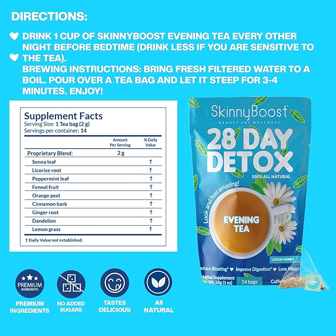SkinnyBoost 28 Day Detox Tea Kit – Natural Cleansing & Bloating Support – 3 Pack - 28 Daytime Tea Bags & 14 Evening Tea Bags – Green Tea & Herbal Blend – Non-GMO, Vegan, Keto-Friendly, Sugar-Free - Bloomnest